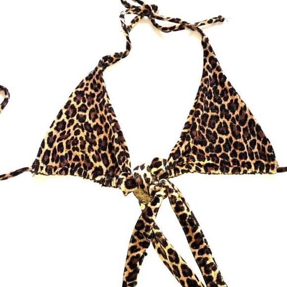 Velvet Bikini Top Cheetah Print with Wooden Boho Gem and Wrap Straps & Choker - Picture 2 of 6